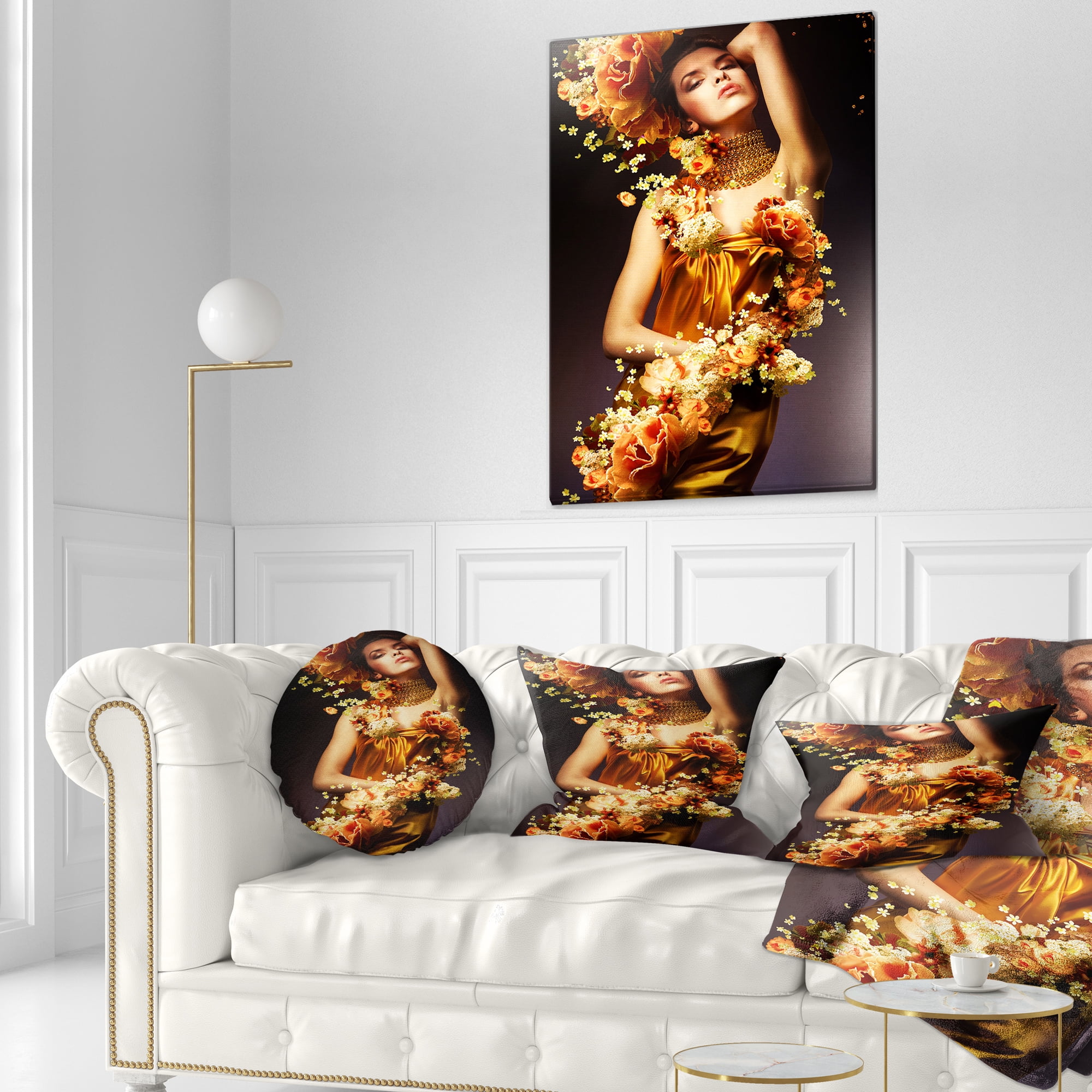 Designart Sensual Woman in Flower Robes - Abstract Portrait Throw Pillow - 12x20