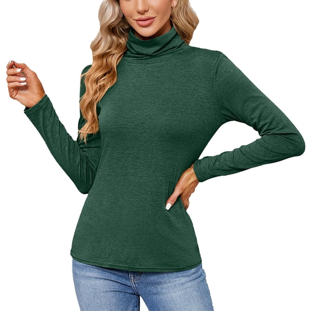 Prolriy Chemises à Manches Longues pour Femmes, T-Shirt Ajusté à Manches Longues et Col Montant Uni pour Femmes, Haut de Base pour Sortir, Hauts Tendance pour Femmes Vert m
