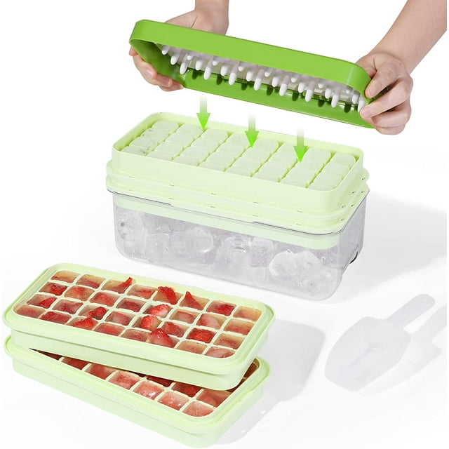 64 platos de helado para refrigerador, plato de helado de fácil liberación con tapa y caja de almacenamiento, plato de helado de silicona apilable con cuchara de cóctel y whisky TUNC Sencillez