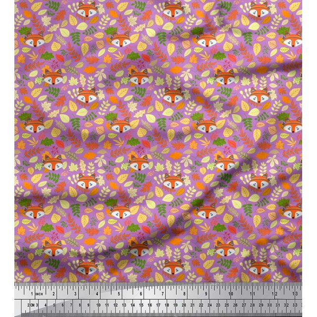 Soimoi Poly Georgette Fabric Leaves & Fox Face Cartoon Printed Fabric 1 Yard 42 Inch Wide