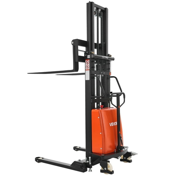 VEVOR Semi Electric Pallet Stacker, 3300 lbs Load Capacity, Pallet Lift Stacker Forklift with Straddle Legs, 96.06 Inches Lifting Height & 8.3-33.86 Inches Adjustable Fork Width, Orange & Black