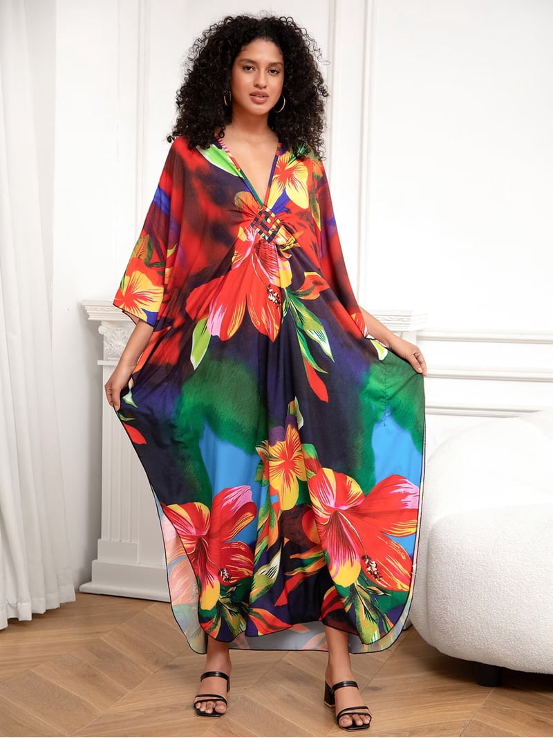Edolynsa Womens Floral Kaftan Dress Plus Size Caftan Loungewear Bathing Suit Cover up Maxi Beach Dress Older Women Summer Dress