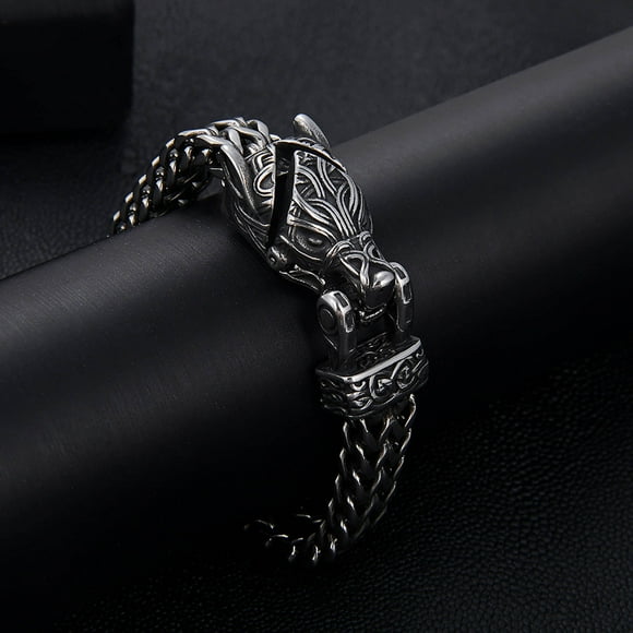 Canada Day Kcavykas Back to School Season,European And American Wolf Stainless Steel Bracelet Men's Punk Vintage Thick Chain Fashion Titanium Steel Bracelet Jewelry