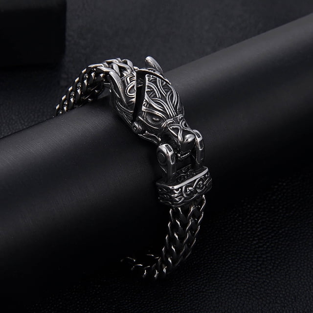 Pulseras para mujer, regalos para mujer, pulsera de acero inoxidable estilo europeo y lobo, pulsera de acero de titanio estilo punk vintage con cadena gruesa, joyería para hombre, pulsera de acero ino