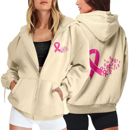 Sweatshirts for Women Cancer Awareness Print Zip Hooded Sweatshirt Classic Essential Warm Relaxed Knit Daily Top Hoodies for Women