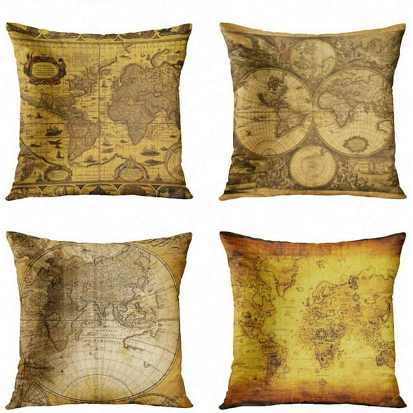 EREHome Set of 4 Pillow Cases Vintage Old World Map Cartography Antique Sepia Discovery Continental Political Continents Throw Pillowcase Cover Cushion Case Home Decor 20x20 inch
