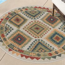 Unique Loom Baja Outdoor Collection Area Rug - Paz (3' Round Ivory/Burgundy)