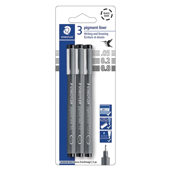 Staedtler Pigment Liner Pens - Set of 3, Black, Chisel and Fine Tip, Assorted Sizes