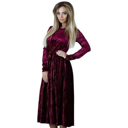 

Valentine s Day Deals Women Velvet Long Dress Slim Fit Long Sleeve Swing Pleated Dress Comfy Soft Winter Crewneck Dress Wine S