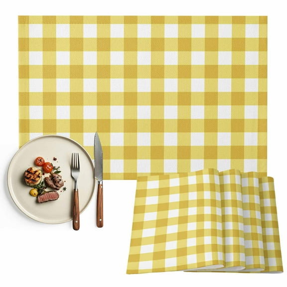 Farmhouse Vintage Placemat of 1 PC, Gingham Checkered Texture Table Mats Washable Heat-Resistant Non-Slip Place Mats for Kitchen Dinner Table Indoor Outdoor Decor,13x19 Inch Yellow White