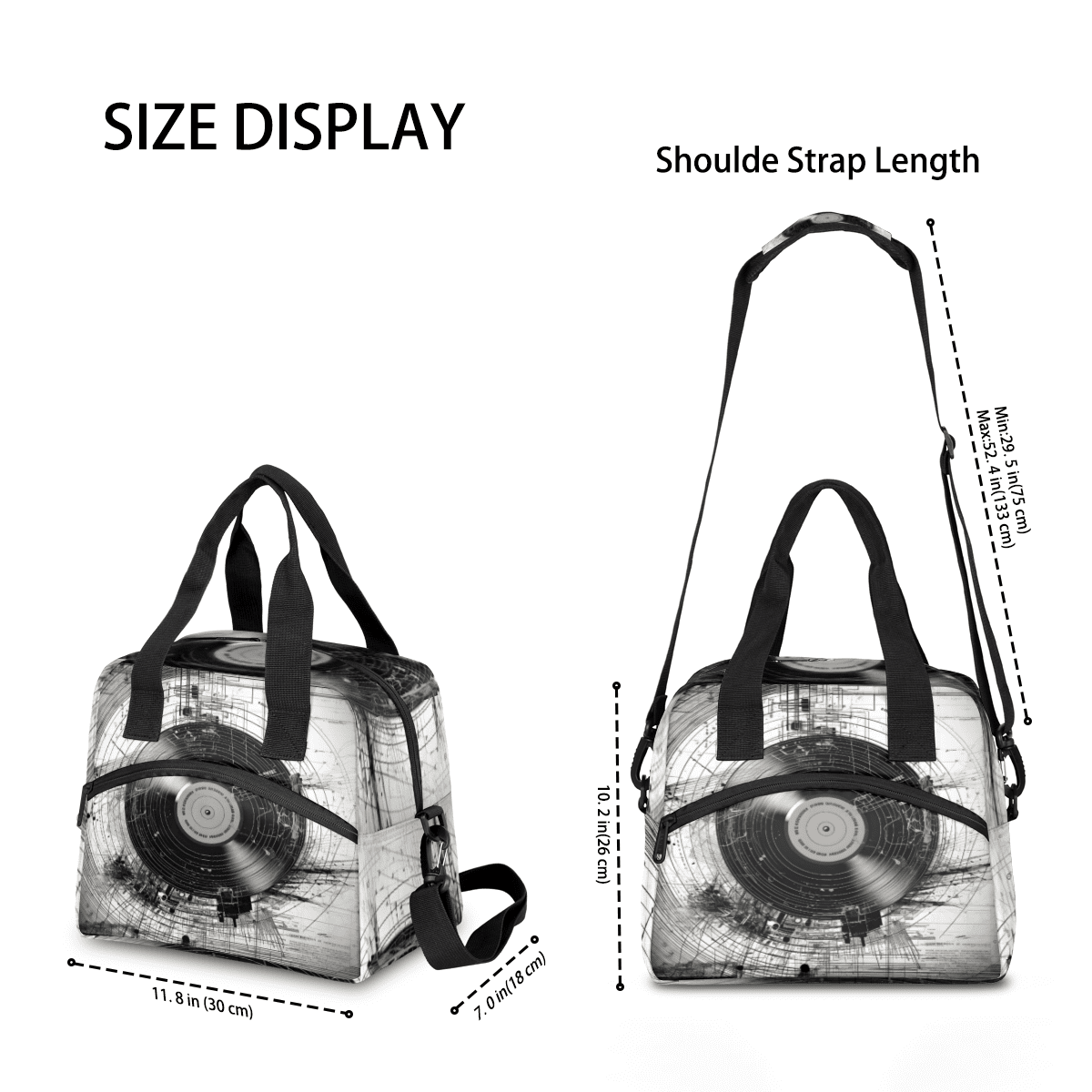 Herdesigns Retro Music Insulated Lunch Bag for Women Men Adults Large Reusable Lunch Box Music Records Leakproof Cooler Tote Bags with Adjustable Shoulder Strap