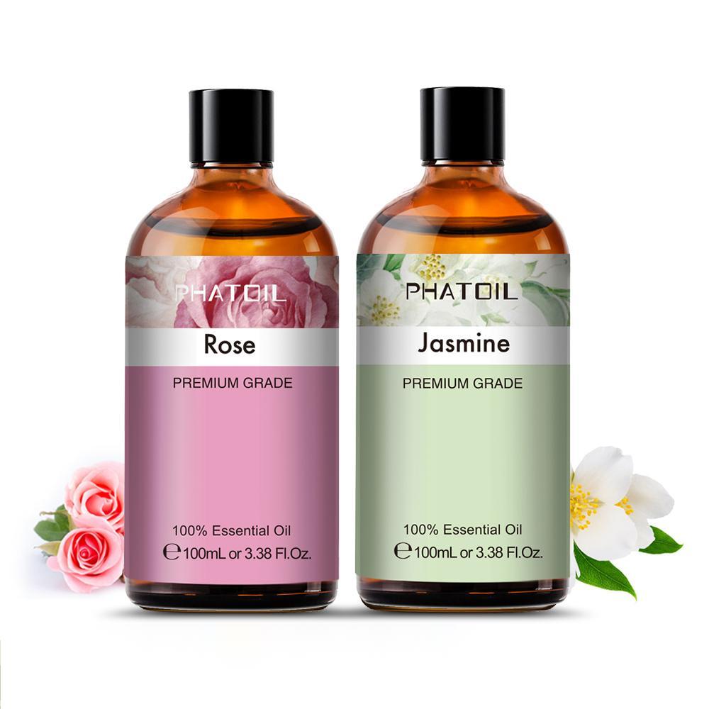 PHATOIL Rose Oil and Jasmine Essential Oils Set 100% Pure and Natural for Diffuser, Candle Making,Face, Skin Care, Aromatherapy, Hair Care, Scalp and Body Massage, 3.38 Oz