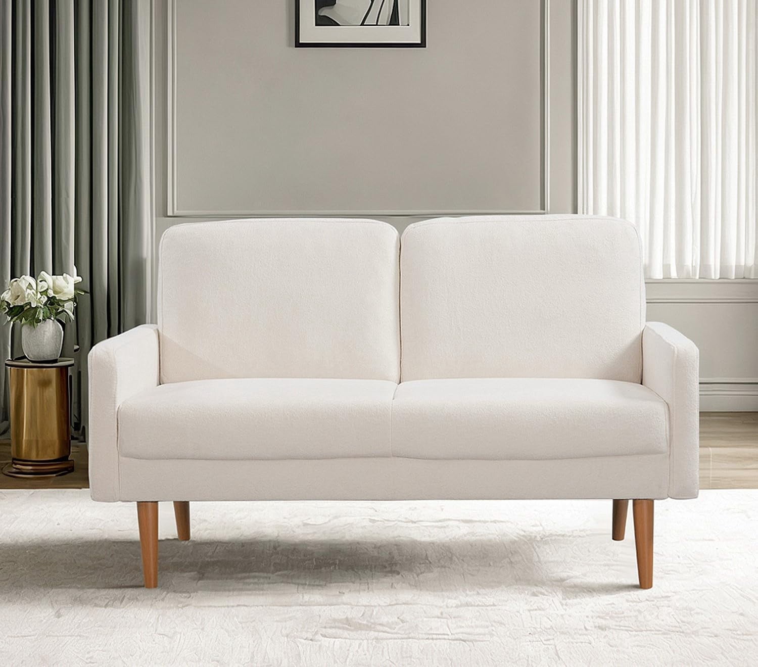 US Pride Furniture Angles 56 in. Wide Square Arm Velvet Modern Rectangle Loveseat in Ivory