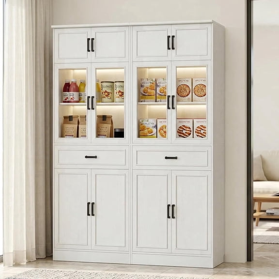 Homieasy 2-Pack 80" White Tall Kitchen Pantry Cabinets - Freestanding Storage with Glass Doors, Adjustable Shelves & Drawer Organizer for Kitchen, Living Room, Bathroom