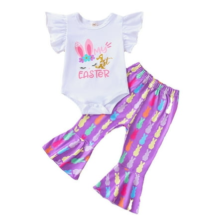 

Baby Girl Cotton Clothes Baby Girls Print Autumn Short Sleeve Romper Bodysuit Easter Bunny Bell Bottom Headbands Set Clothes