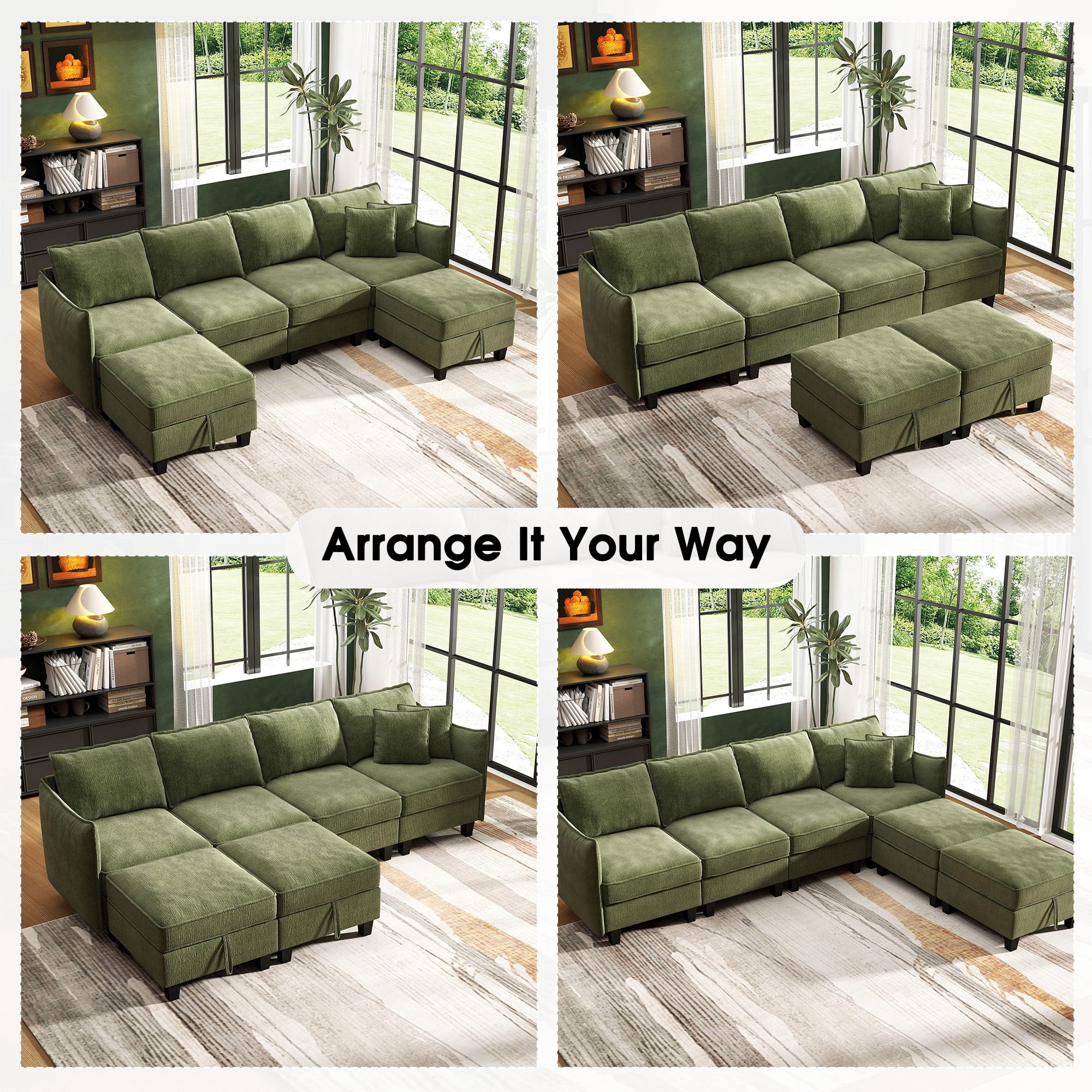 BedLuxury 112" Large Modular Sectional Sofa with 2 Movable Storage Ottoman, Cloud Couch Seats 6, Modern Living Room Furniture, Chenille Green
