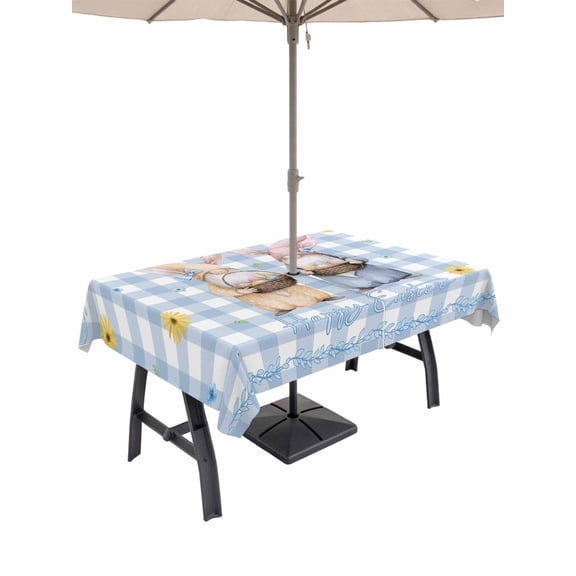 Easter Gnomes Outdoor Tablecloth - 52x70 Inch Rectangle Dining Table Cover, Watercolor Eggs Basket Daisy Spring Blue Plaid Waterproof Outdoor Table Cloth with Umbrella Hole & Zipper for Picnic/Patio