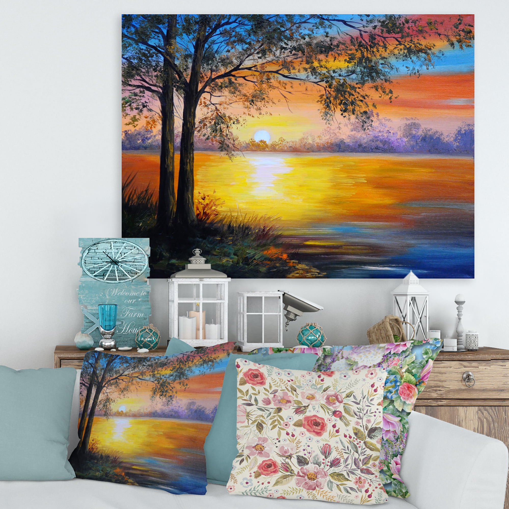 Designart ' Tree Near The Lake in Evening ' Traditional Canvas Wall Art Print