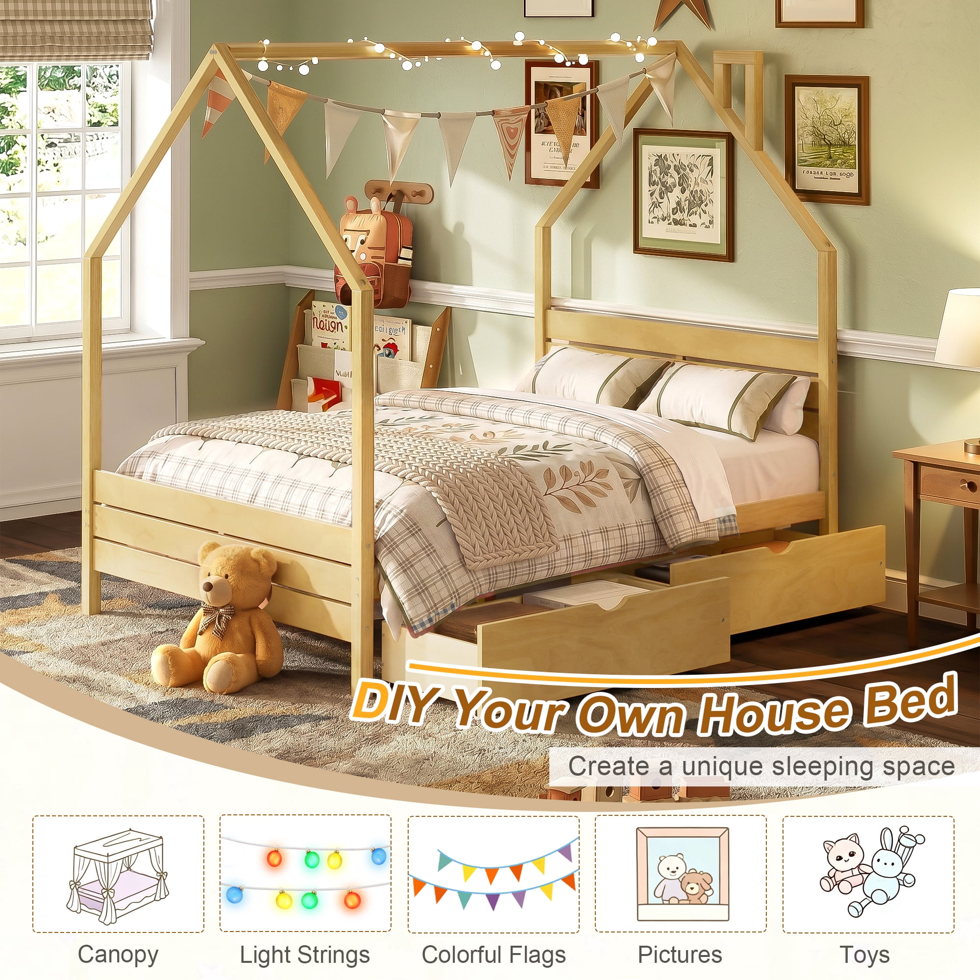 Mintazer Full Kids House Canopy Platform Bed with 2 Storage Drawers, Montessori Bed with Headboard for Bedroom, Natural