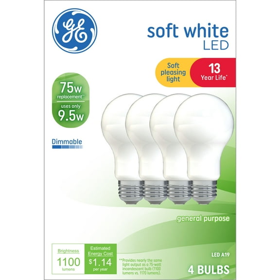 GE LED Light Bulbs, 75 Watt, Soft White, A19 Bulbs, Medium Base, Frosted Finish, 13yr, 4pk