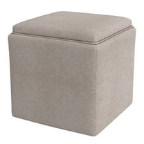 Soa Storage Ottoman, 18 Inch Square Tray Top, Light Brown Woven Fabric
