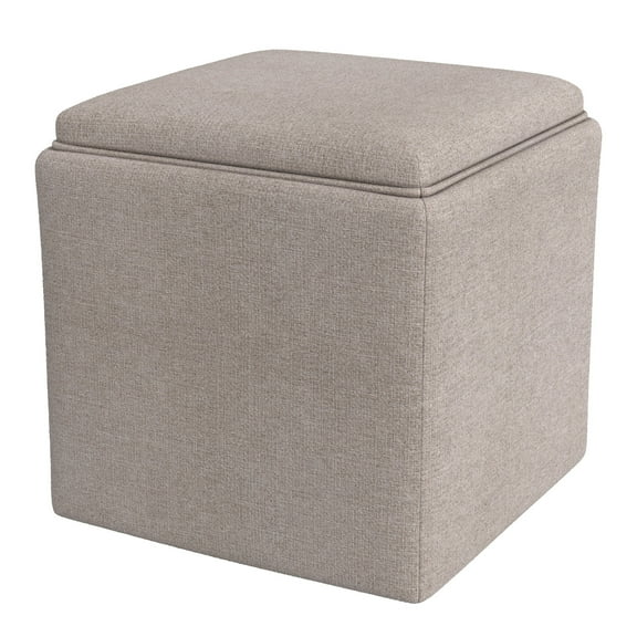 Soa Storage Ottoman, 18 Inch Square Tray Top, Light Brown Woven Fabric