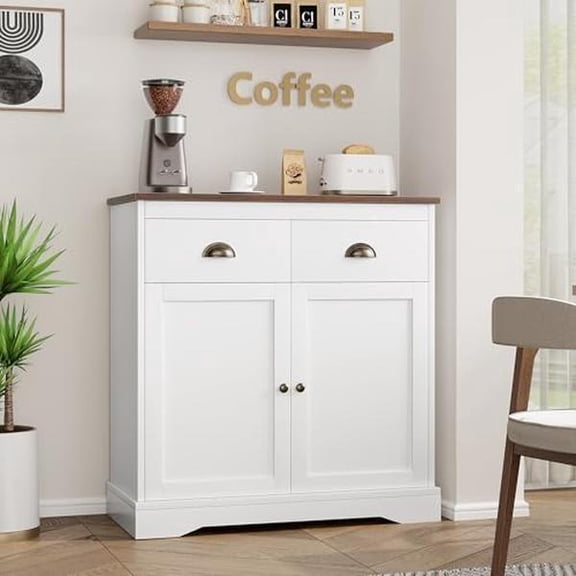 Farmhouse White Buffet Cabinet with Storage,Kitchen Sideboard with 2 Doors and 2 Drawers,Wooden Coffee Bar Cabinet with Shelves for Dining Room,Living Room