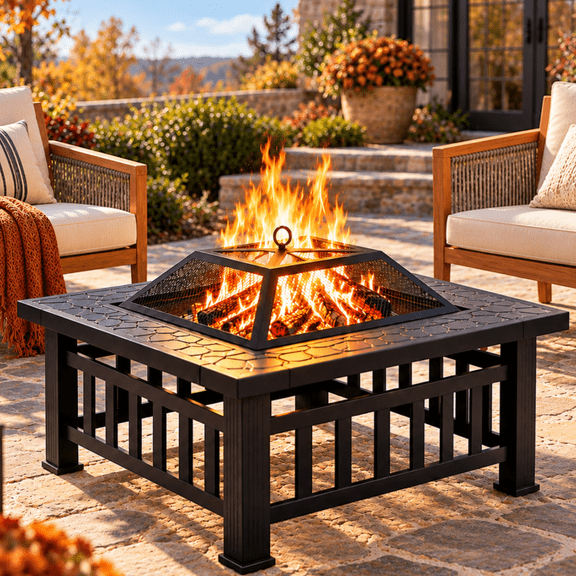 Syngar Outdoor Fire Pits, 32" Fire Pits for Outside Wood Burning, Square Firepit with Screen Lid, Poker, BBQ Net, Food Clip, Cover, Backyard, Garden