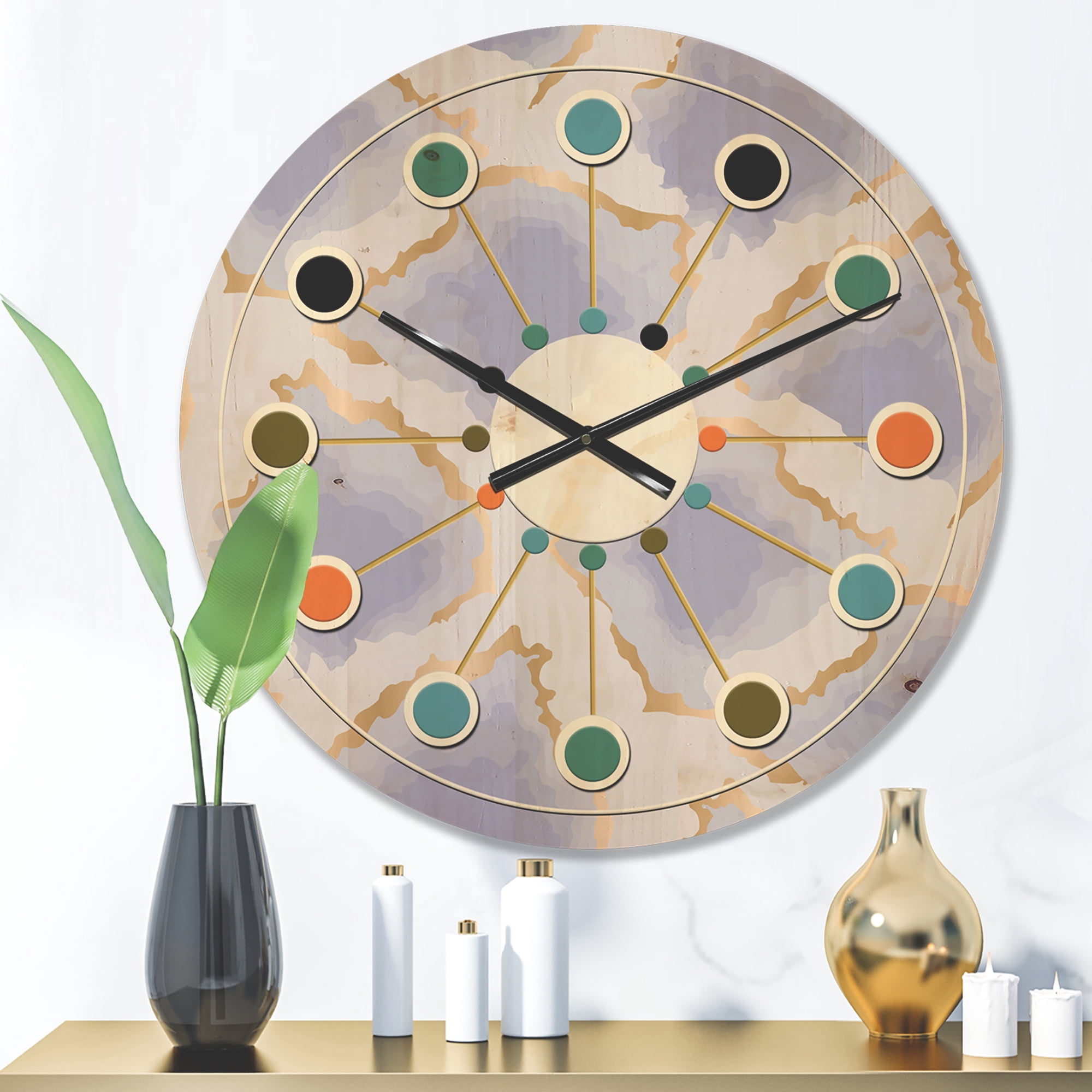 Designart 'Pastel Gold and Blue and Abstract Shapes Pattern' Mid-Century Modern Wood Wall Clock