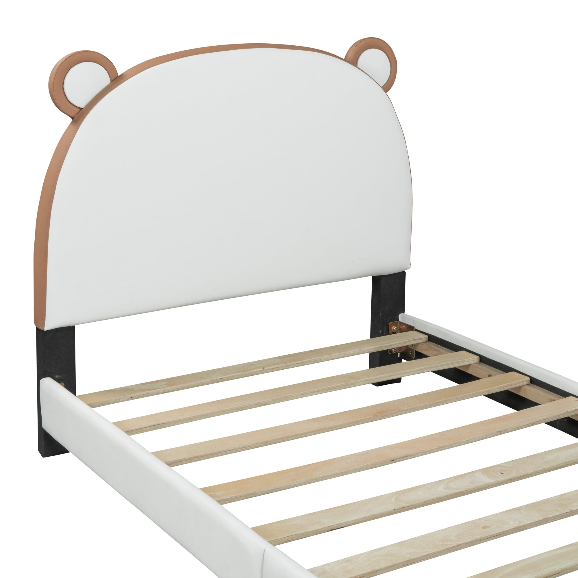 Aukfa Upholstered Platform Bed with Bear-shaped Headboard and Footboard, Twin Bed for Kids - White