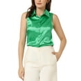 thumbnail image 1 of Blusas de trabajo de satén Allegra K para mujeres, con cuello, sin mangas y con botones, color verde, talla M, 1 of 5