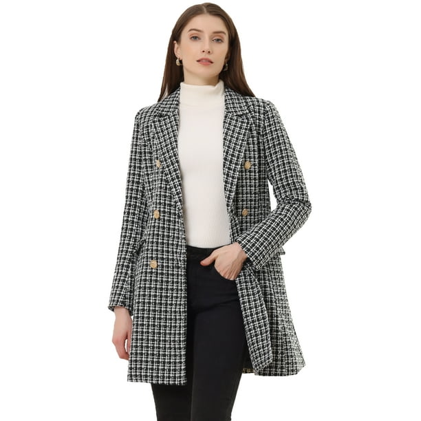 Elegante abrigo de tweed con solapa con muescas y doble botonadura a cuadros para mujer Negro M