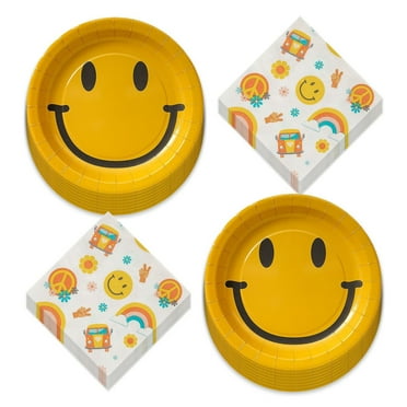 Retro Vibes 70's Party Essentials: Happy Face Dessert Plates and Hippie Beverage Napkins for 16 Guests - Perfect for Fun Gatherings and Nostalgic Celebrations