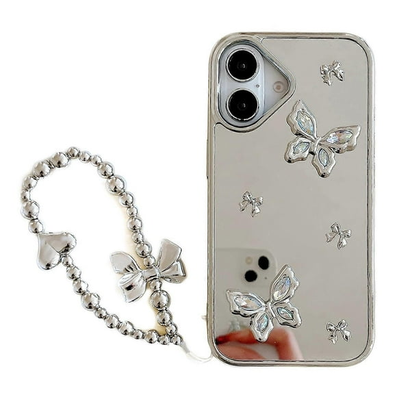 For iPhone 16 Case Rhinestone Decor Butterfly Mirror Surface Phone Cover with Strap