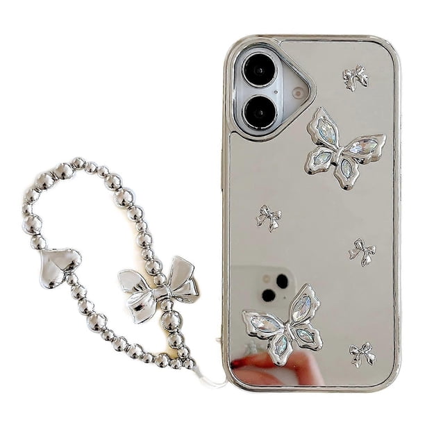 For iPhone 16 Case Rhinestone Decor Butterfly Mirror Surface Phone Cover with Strap