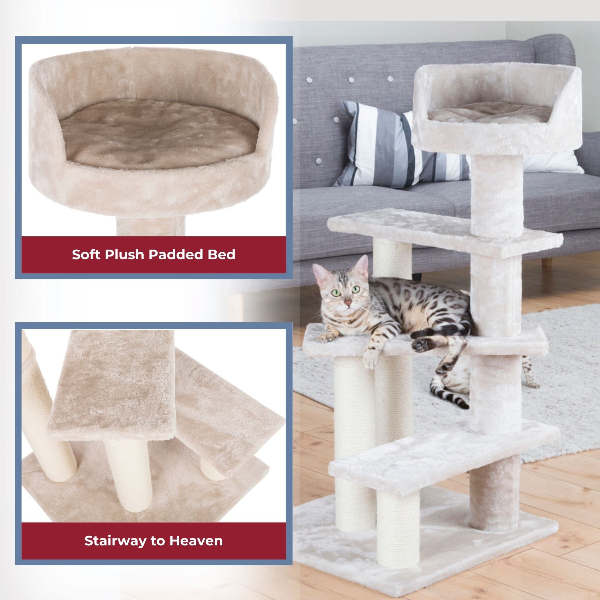 TRIXIE Tulia Senior Plush & Sisal 4-Level 40.2" Cat Tree, Scratching Posts & Bed, Greige