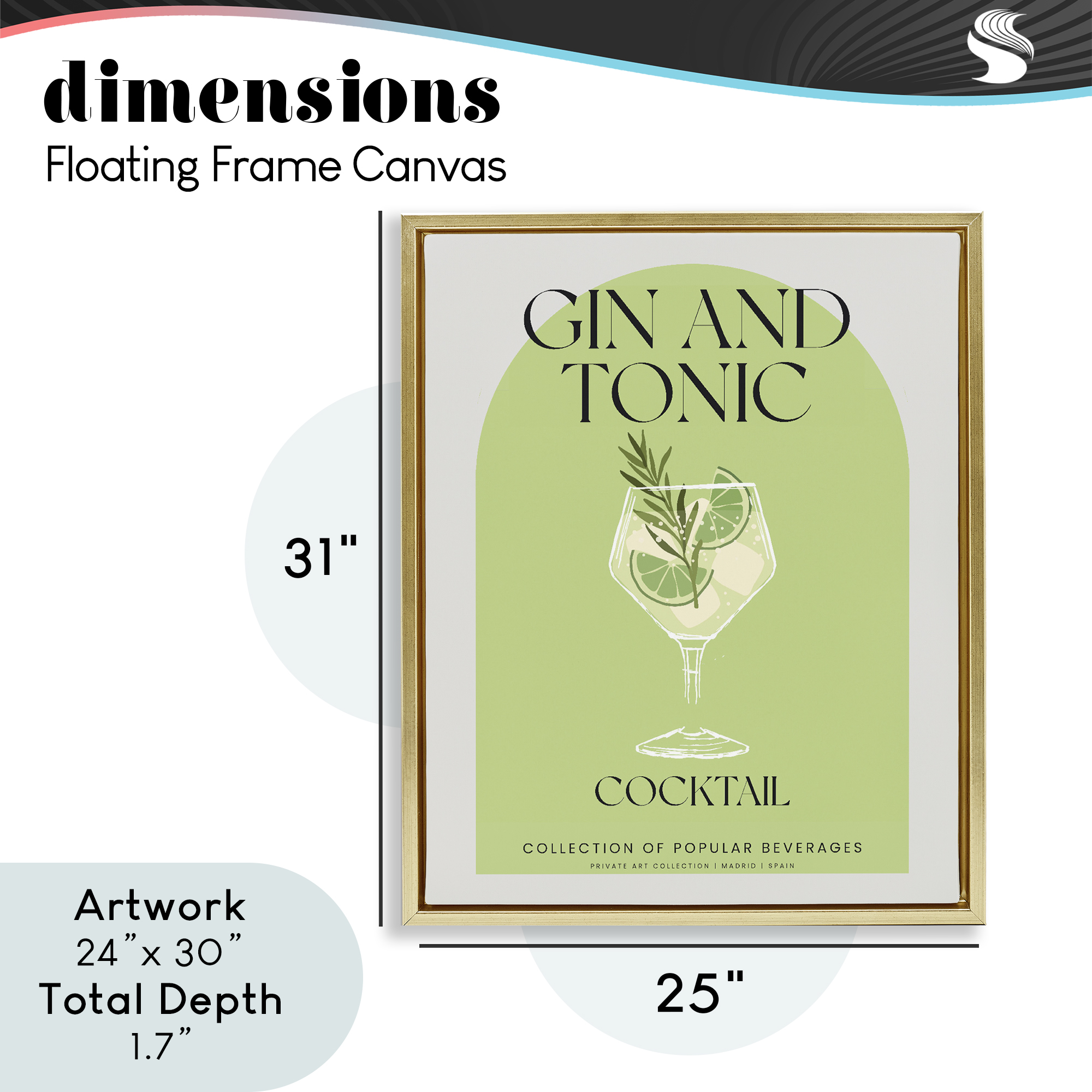 Stylish Retro Gin & Tonic Gold Framed Floater Canvas Wall Art, design by Lil' Rue
