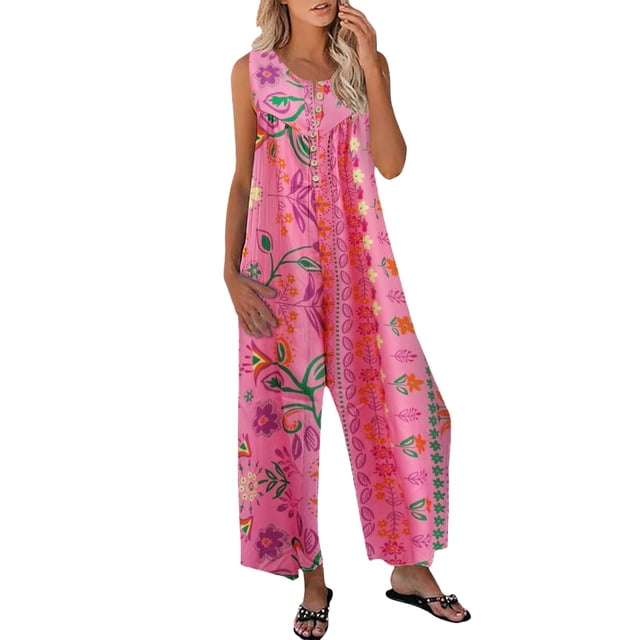 2DXuixsh Combinaison pour Femmes Mode Col Rond Imprimé Combinaisons Sans Manches Bouton Combinaison Pantalon Droit Poche Combinaisons Rose Vif Taille TG