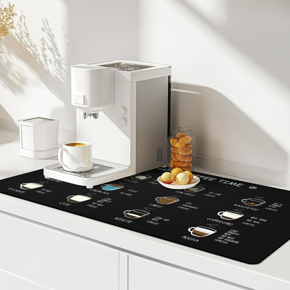 Designer Coffee Bar Mat, Extra Large 17 x 31.5 Inches, Rubber Backing, Absorbent Coffee Maker Mats for Dish Drying, Kitchen Countertop, Coffee Flavor Menu, Black