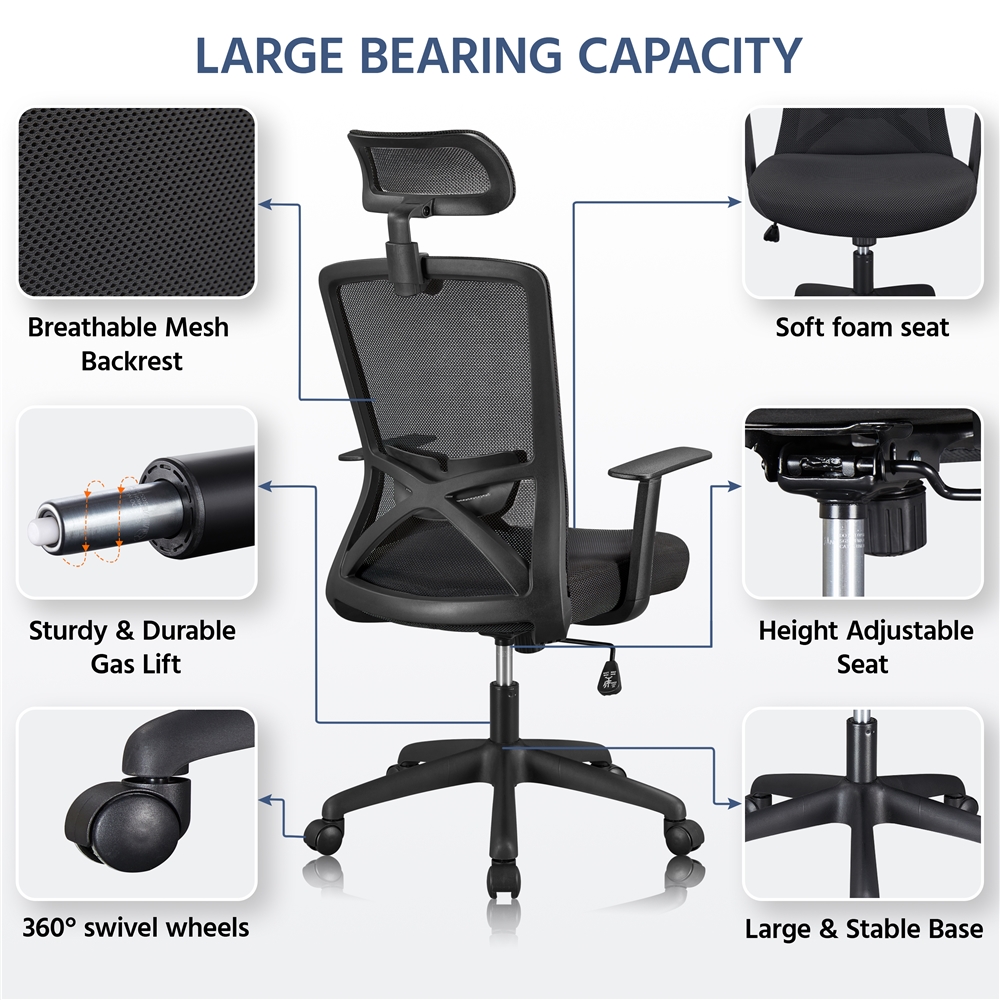 SMILE MART Ergonomic Mesh Swivel Rolling Executive Office Chair with High Headrest, Black - image 4 of 14