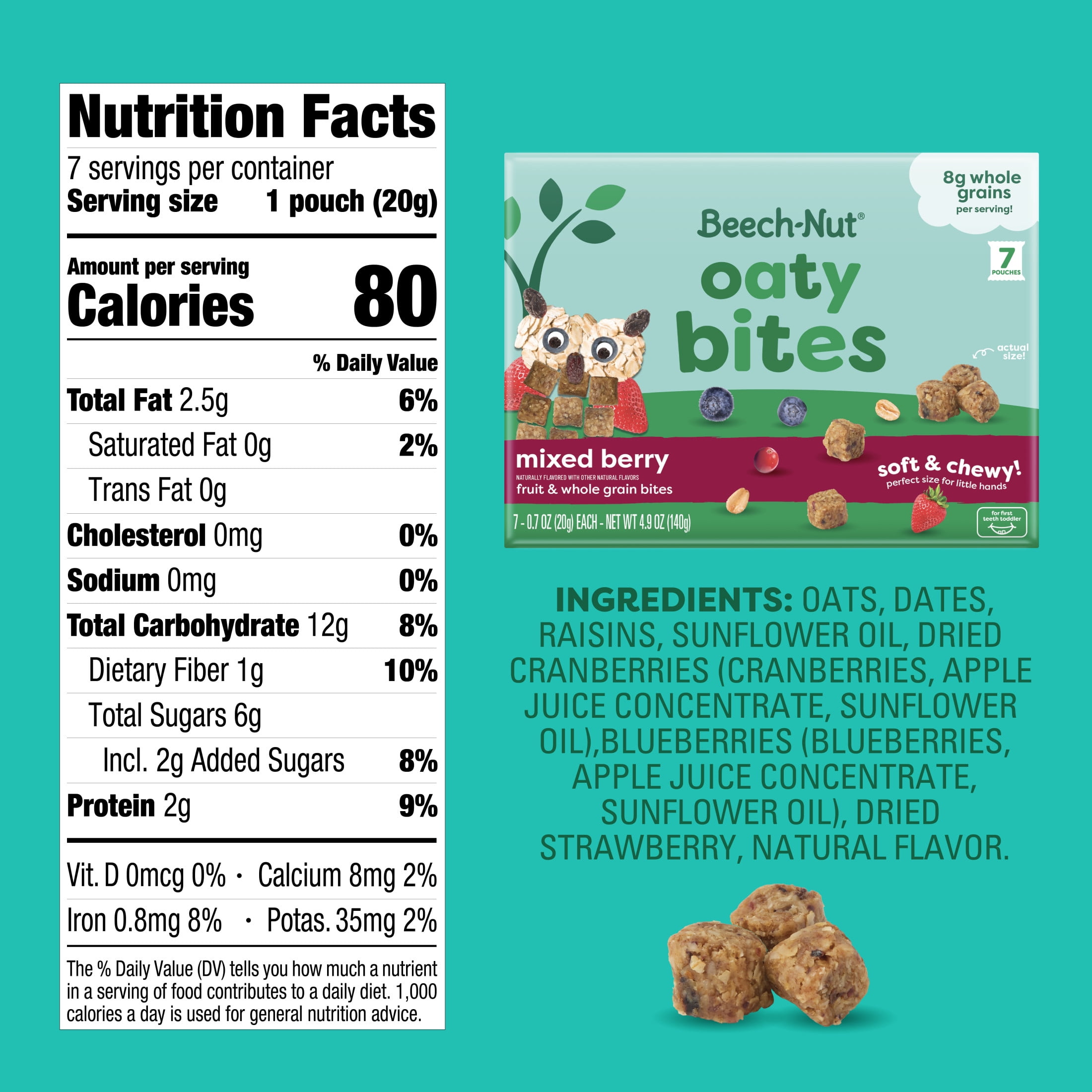 (4 pack) Beech-Nut Oaty Bites with Fruit & Whole Grains, Mixed Berry Toddler Snack Bites, 7 Packs