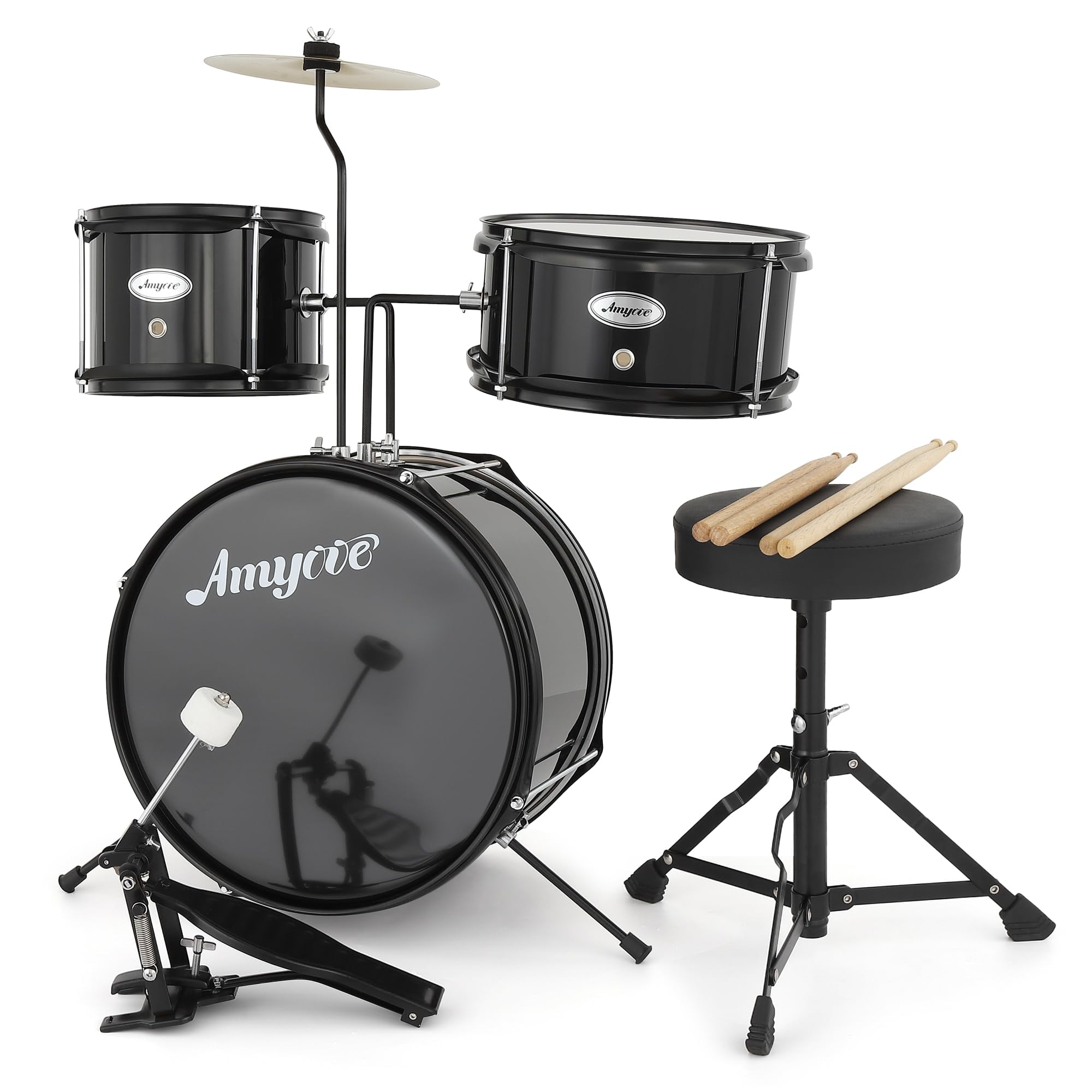 Kojooin Children's 3-Piece Drum Kit, 14-Inch Drum Set, Including Snare Drum, Tom-Tom, Bass Drum, Cymbals, Hi-Hat, and Adjustable Drum Bench