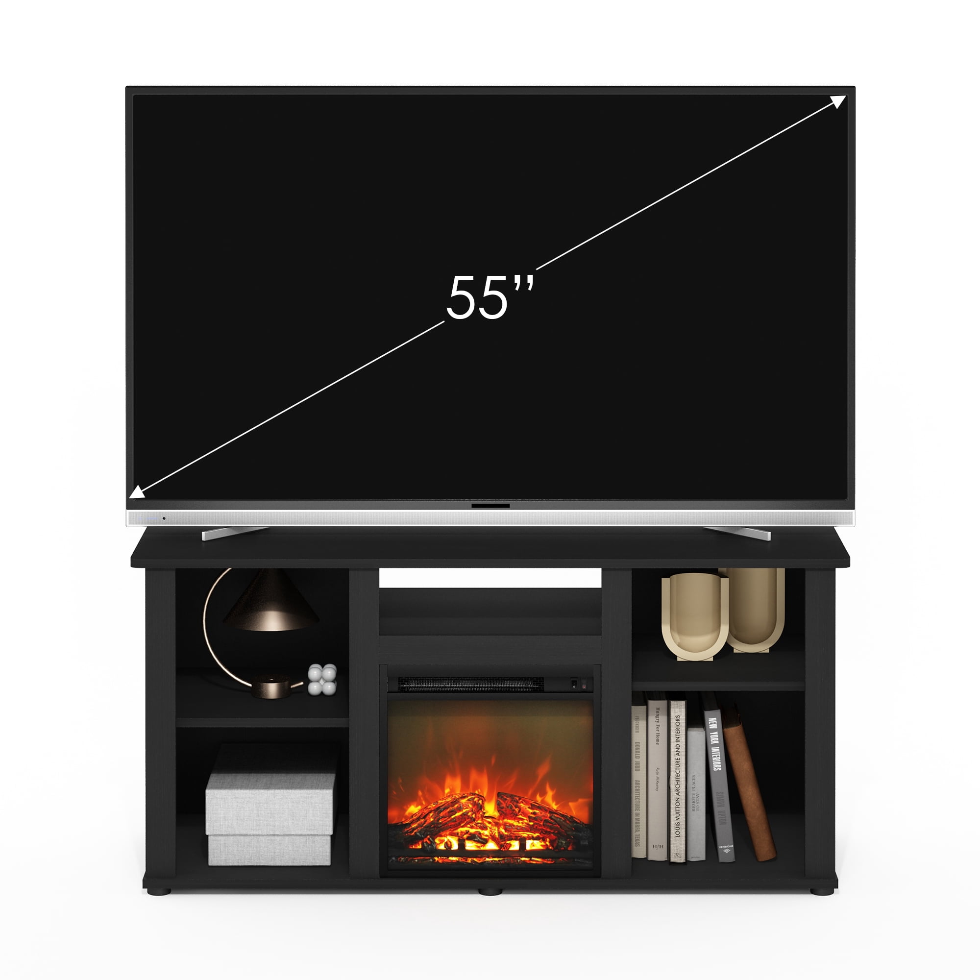 Furinno Jensen Fireplace TV Entertainment Center with Open Storage Compartment for TV up to 55 Inch, Americano