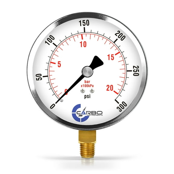 CARBO Instruments 4" Pressure Gauge, Chrome Plated Steel Case, Dry, 0-300 psi/kPa, Lower Mount 1/4" NPT