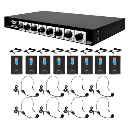 PYLE PDWM8900 - 8 Channel Wireless Microphone System - Rack Mountable with 8 Clip-On Lavalier Mics & 8