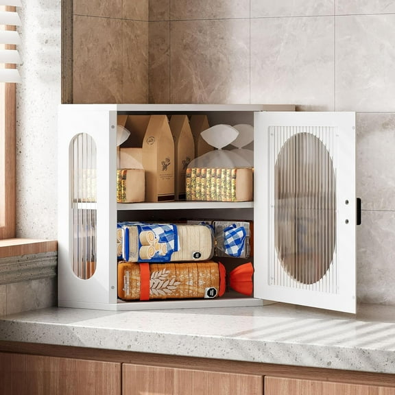 Corner Bread Box, Solid Wood Double Layer Adjustable Large Capacity, Farmhouse Vintage Kitchen Countertop Organizer with Acrylic Window, White