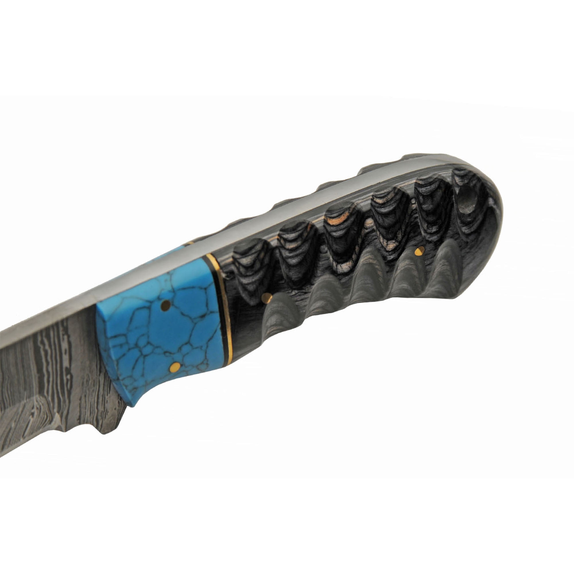 SANZ 8" Full Tang Hunting Knife with Damascus Style Blade, Black Wood Handle, Brass Pins and Leather Sheath Included