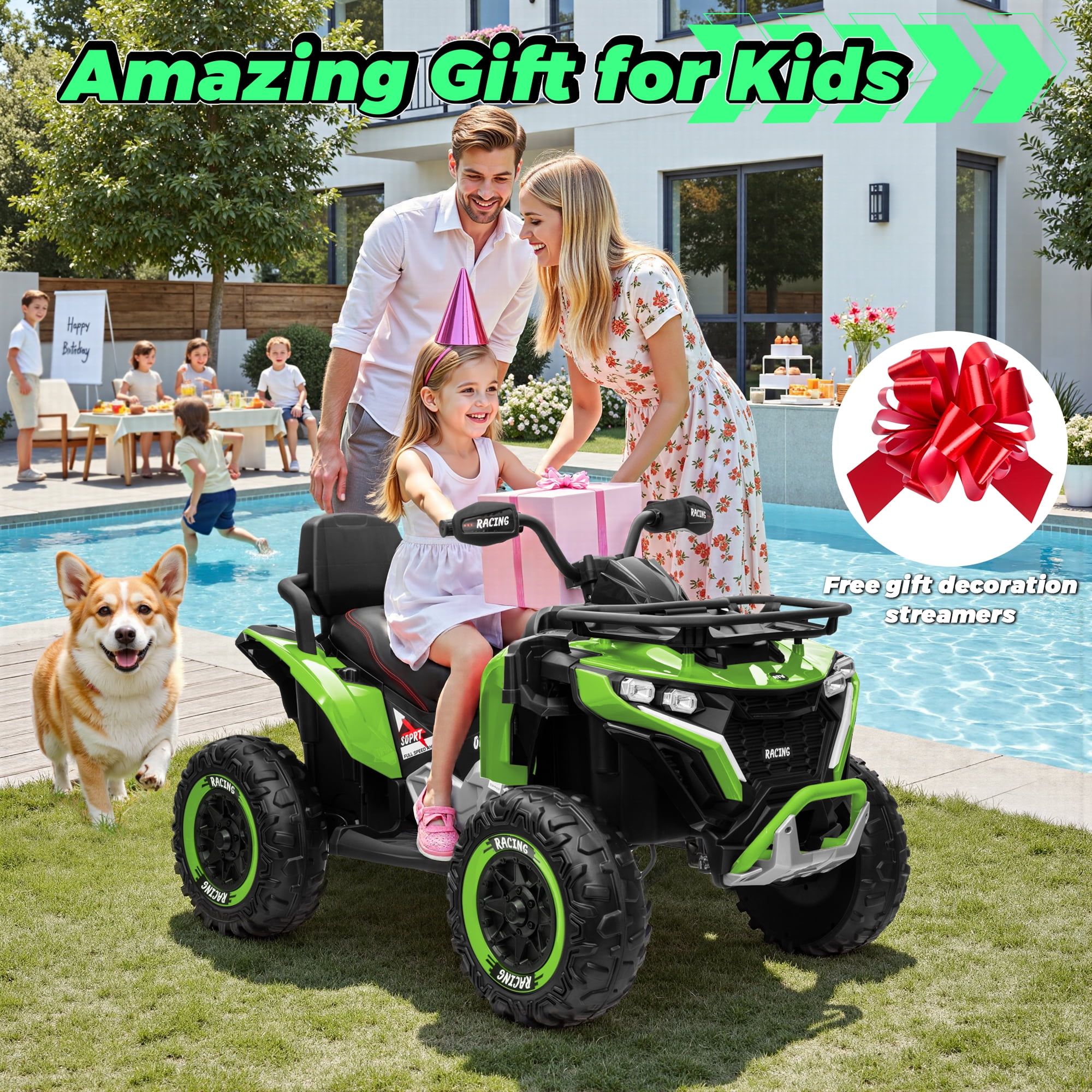 Jorfly 24V Ride on ATV Toys,Power ATV Wheels with Motor, Remote, Bluetooth Music, Horn, LED for Big Kids Gift,Green