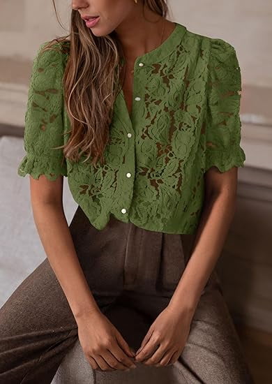PRETTYGARDEN Womens Summer Lace Tops Short Puff Sleeve Casual Dressy Blouses Eyelet Crew Neck Buttom Down Shirts