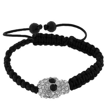 - Fashion Alloy Silver-Tone Black White CZ Skull Beaded Adjustable Macrame Bracelet